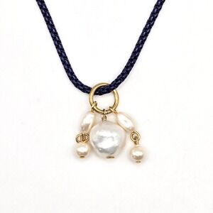 Navy Blue Enameled Box Chain Necklace with White Baroque Pearl Cluster Pendant